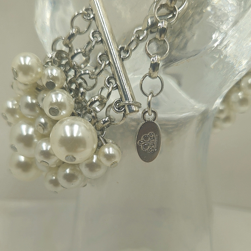 Vintage Aura Faux Cluster Pearl Rhinestone Silver Tone Link Bracelet - Picture 15 of 16